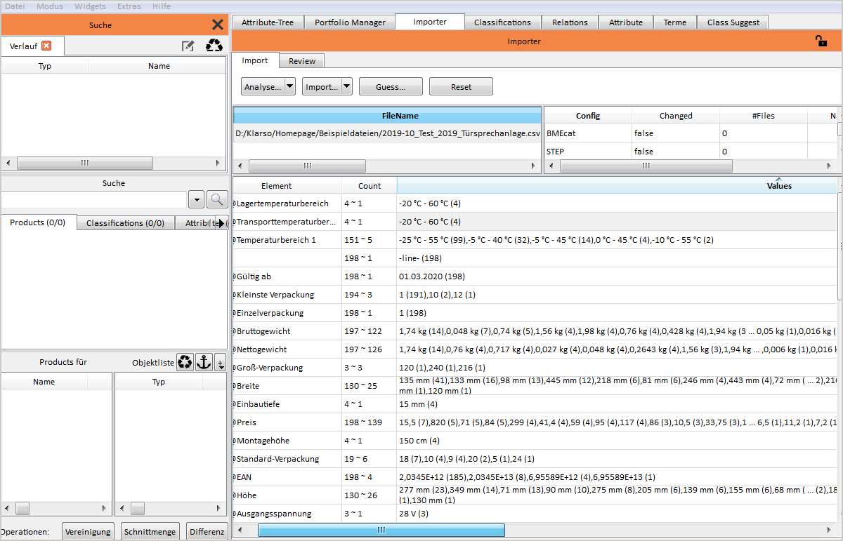 Screenshot of klar:suite showing the easy import of various data types.